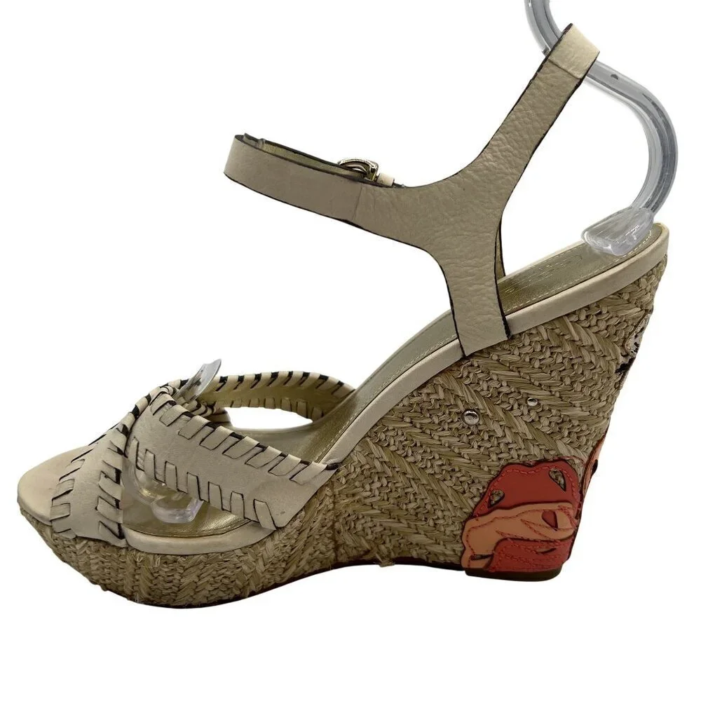 Coach Justeen 9.5 Butterfly Floral Design Woven Espadrille Wedge Leather Sandals